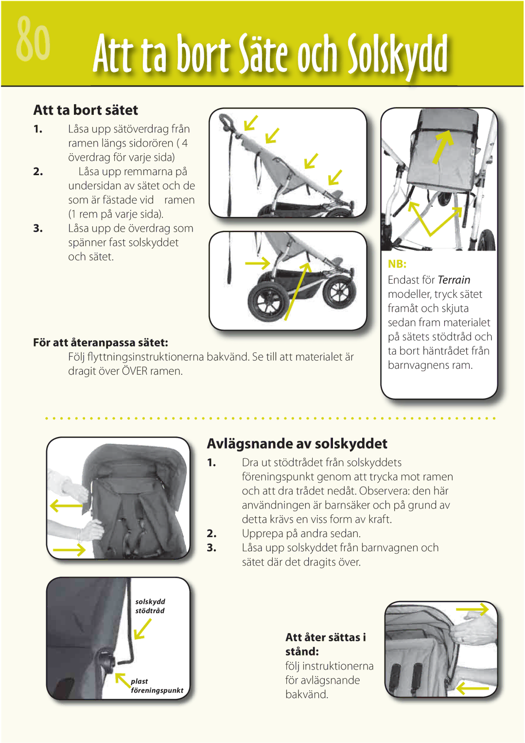 Mountain Buggy Buggy Range Outside Cove manual Att ta bort sätet, Avlägsnande av solskyddet, För att återanpassa sätet 