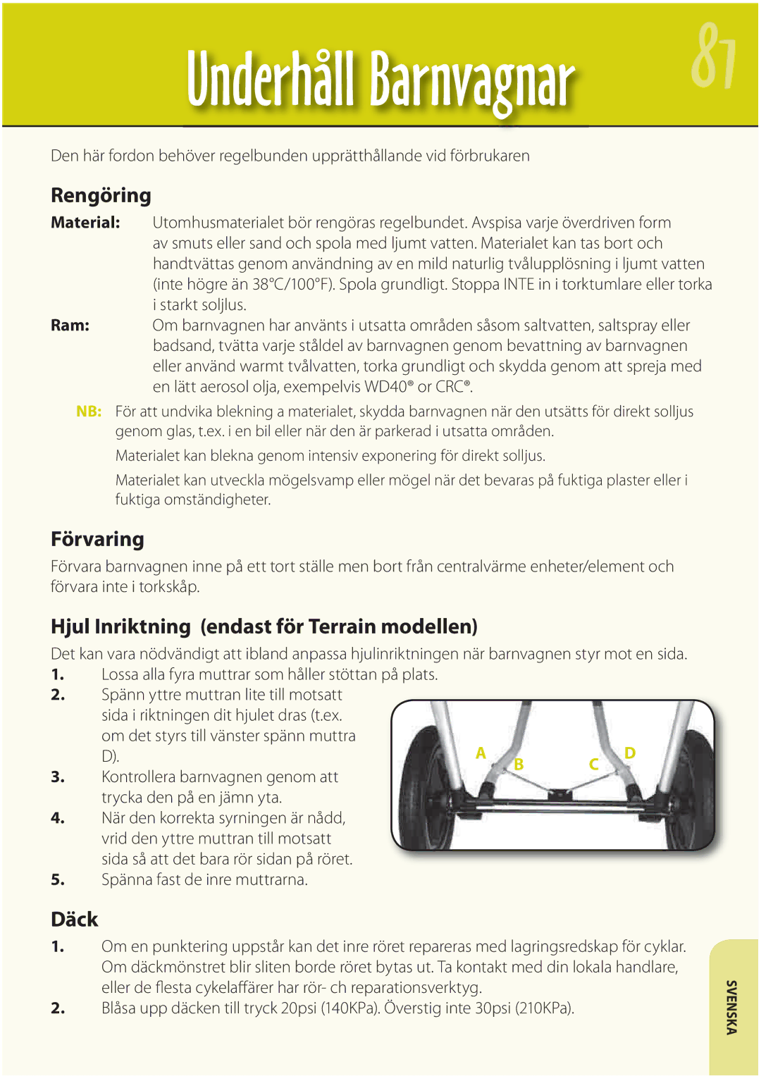 Mountain Buggy Buggy Range Outside Cover manual Rengöring, Förvaring, Hjul Inriktning endast för Terrain modellen, Däck 