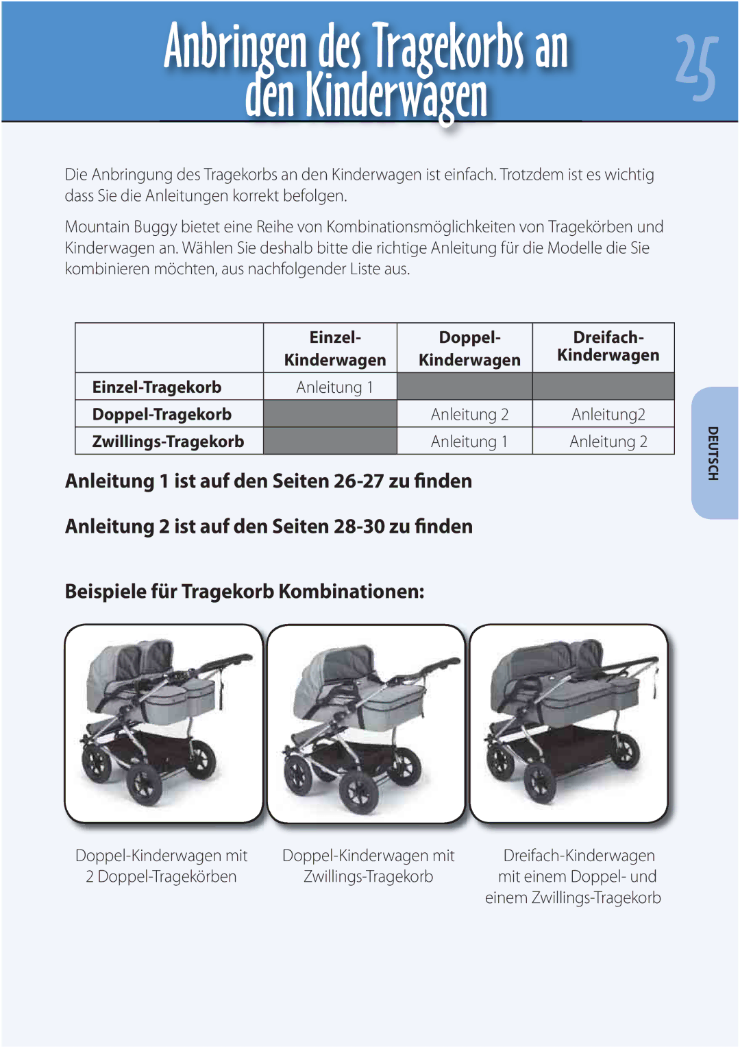 Mountain Buggy Carrycot manual Einzel Doppel Dreifach, Einzel-Tragekorb, Doppel-Tragekorb 