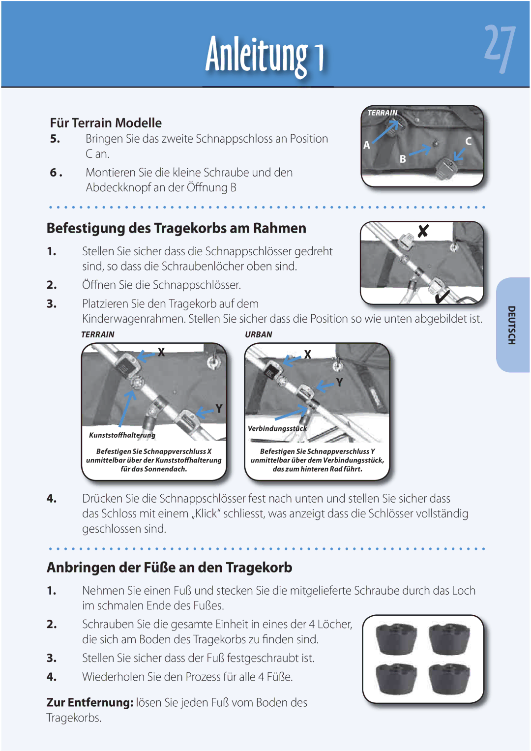 Mountain Buggy Carrycot Anbringen der Füße an den Tragekorb, Für Terrain Modelle, Platzieren Sie den Tragekorb auf dem 