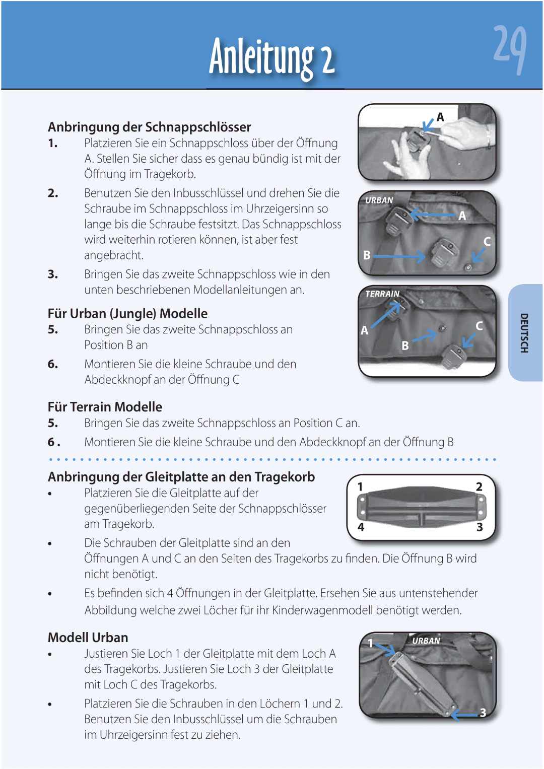 Mountain Buggy Carrycot manual Anbringung der Schnappschlösser, Anbringung der Gleitplatte an den Tragekorb, Modell Urban 