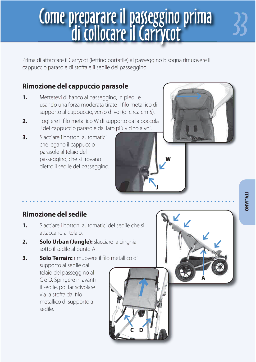 Mountain Buggy Carrycot manual Rimozione del cappuccio parasole, Rimozione del sedile 