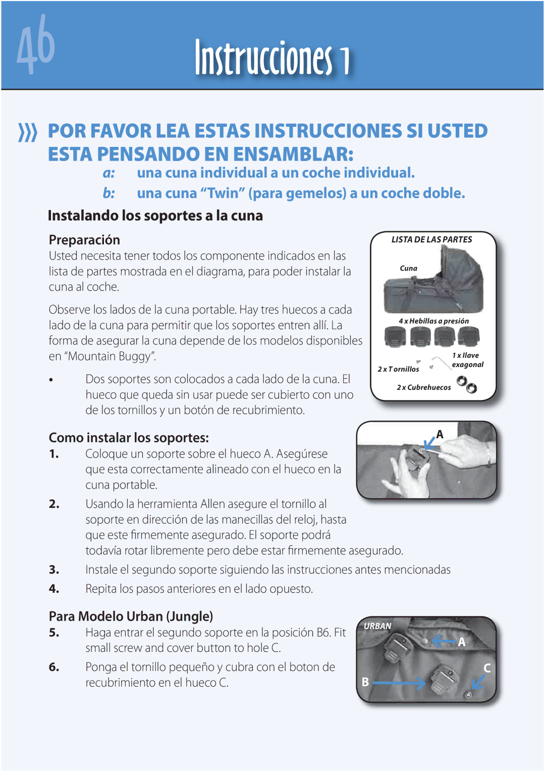 Mountain Buggy Carrycot manual Instrucciones, Preparación, Como instalar los soportes, Para Modelo Urban Jungle 