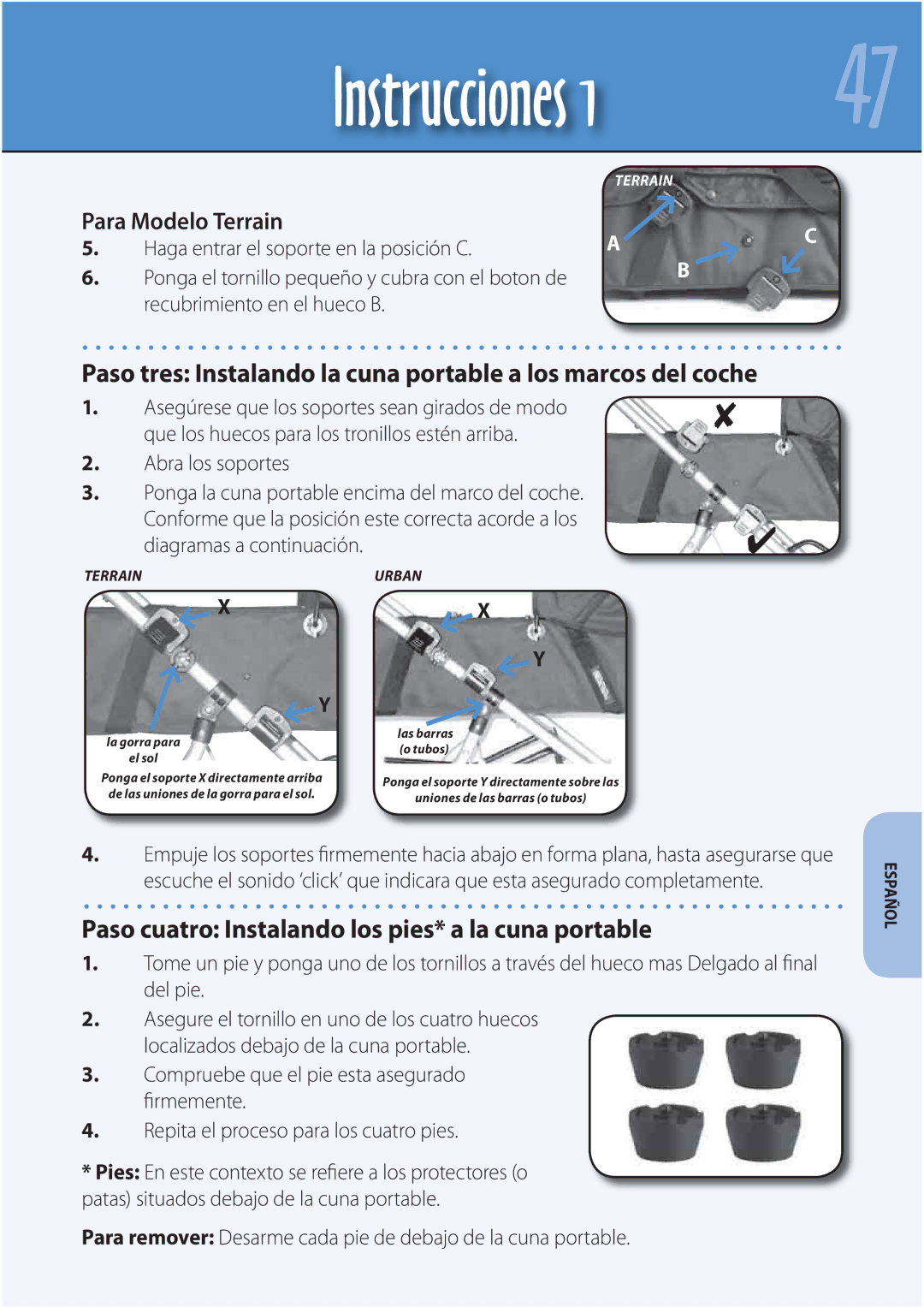 Mountain Buggy Carrycot manual Paso cuatro Instalando los pies* a la cuna portable, Para Modelo Terrain 