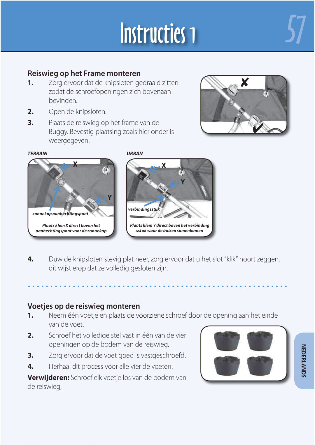 Mountain Buggy Carrycot manual Reiswieg op het Frame monteren, Voetjes op de reiswieg monteren 