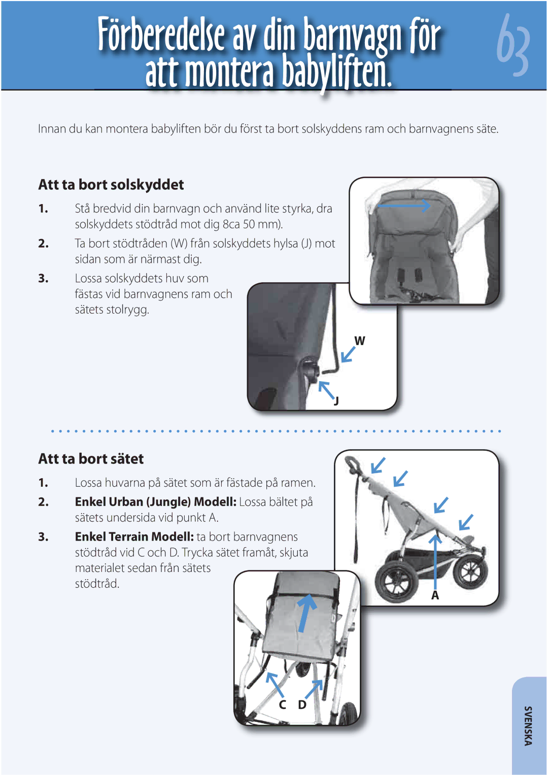 Mountain Buggy Carrycot manual Att ta bort solskyddet, Att ta bort sätet, Lossa huvarna på sätet som är fästade på ramen 