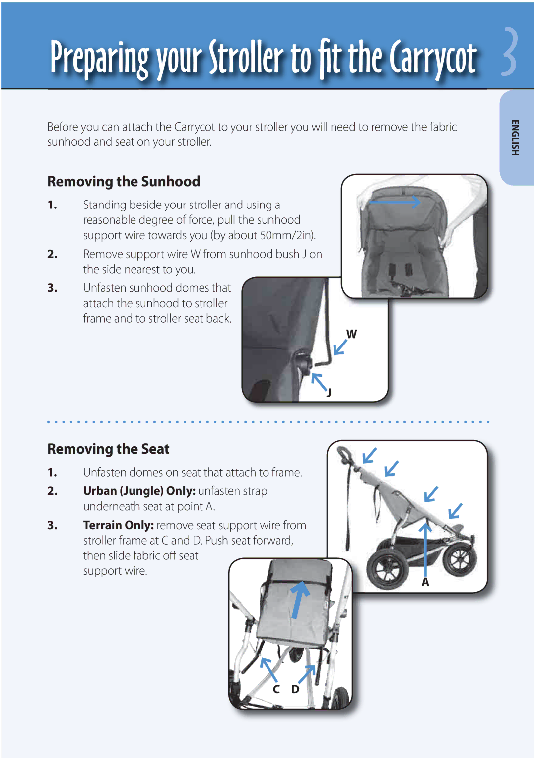 Mountain Buggy Strollers manual Removing the Sunhood, Removing the Seat 