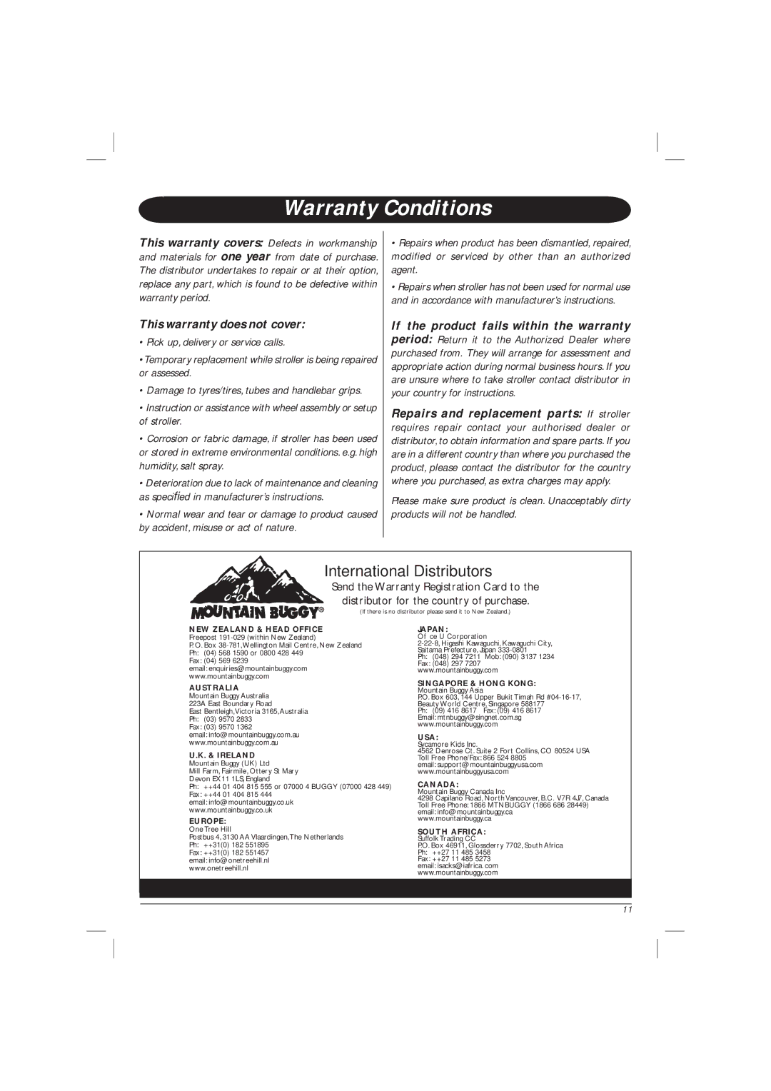 Mountain Buggy Terrain Single-T1204, Urban Triple-U3204 manual Warranty Conditions, This warranty does not cover 