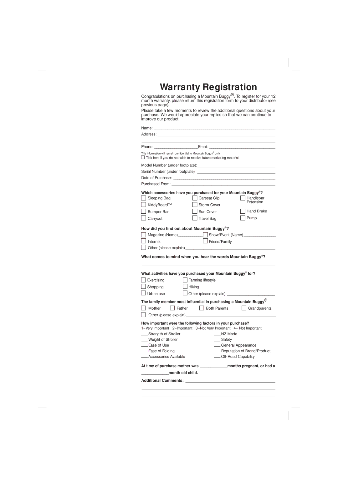 Mountain Buggy Breeze Single-B1204, Urban Triple-U3204, Terrain Double-T2204, Urban Single-U1204 manual Warranty Registration 