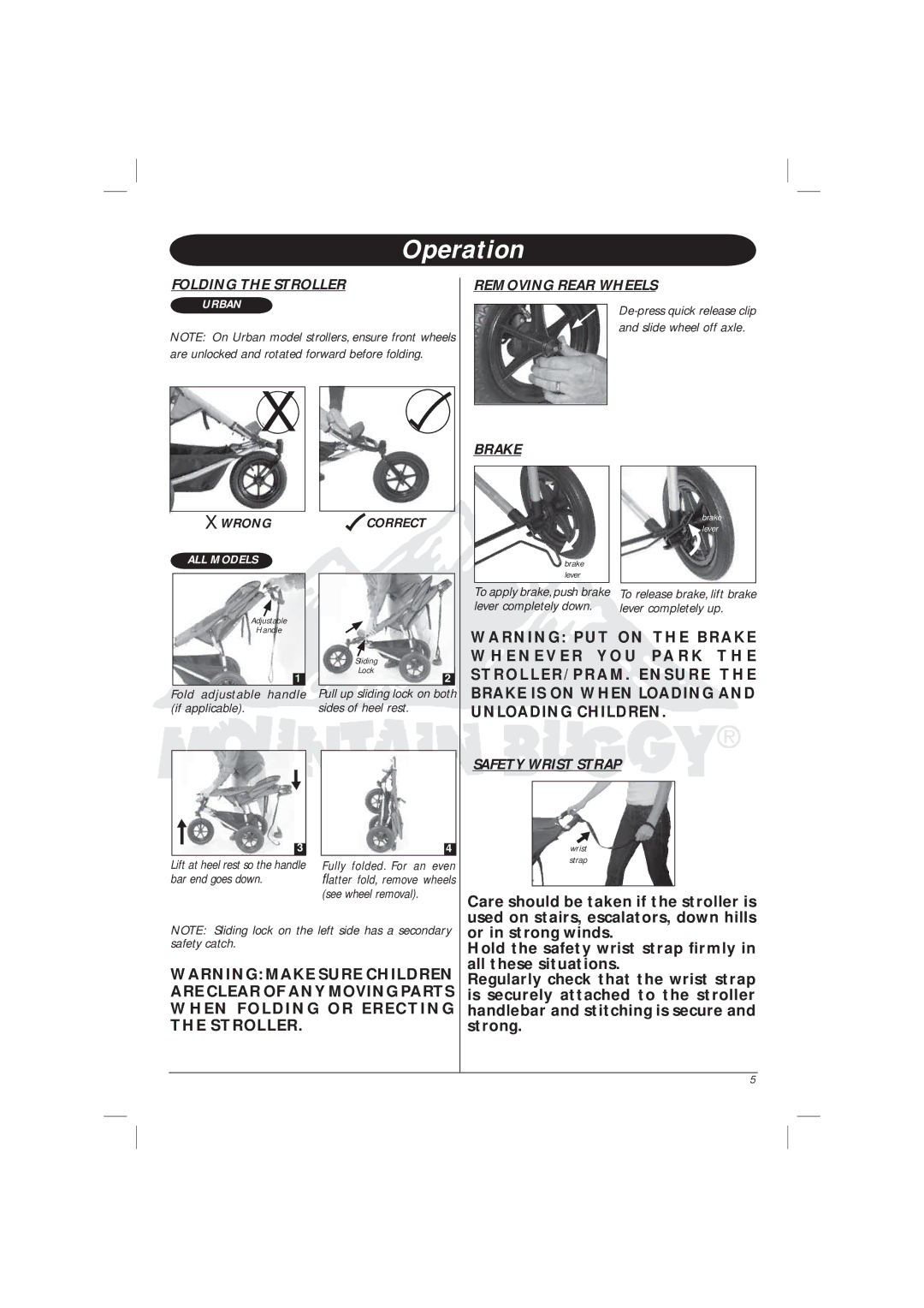 Mountain Buggy Terrain Single-T1204 manual Folding the Stroller, Removing Rear Wheels, Brake, Safety Wrist Strap 