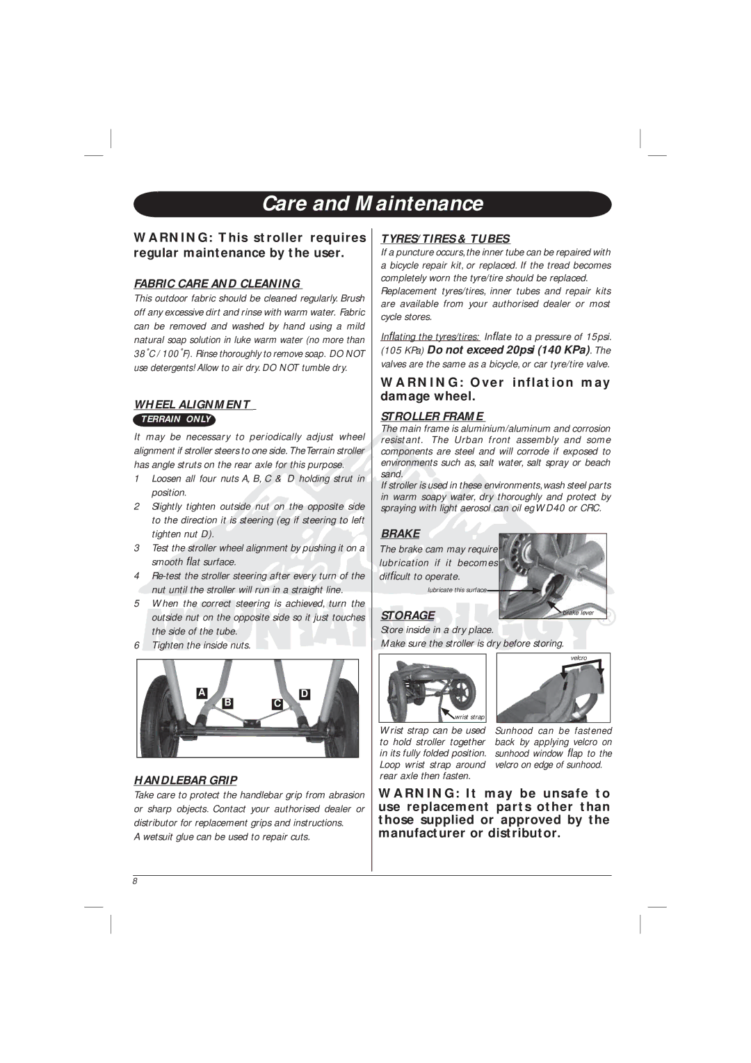 Mountain Buggy Terrain Double-T2204, Urban Triple-U3204, Urban Single-U1204, Urban Double-U2204 manual Care and Maintenance 