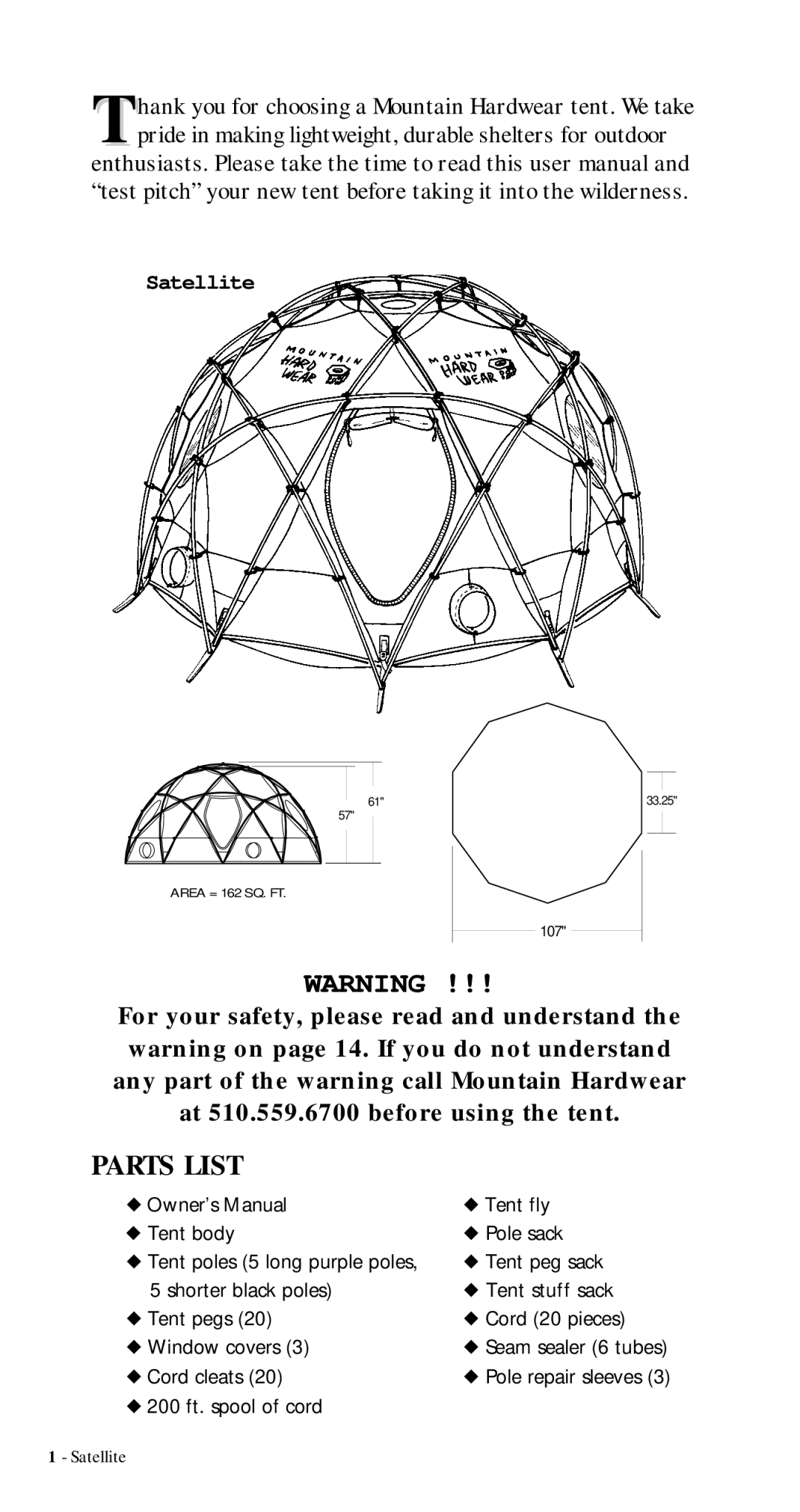 Mountain Hardwear Satellite manual Parts List 