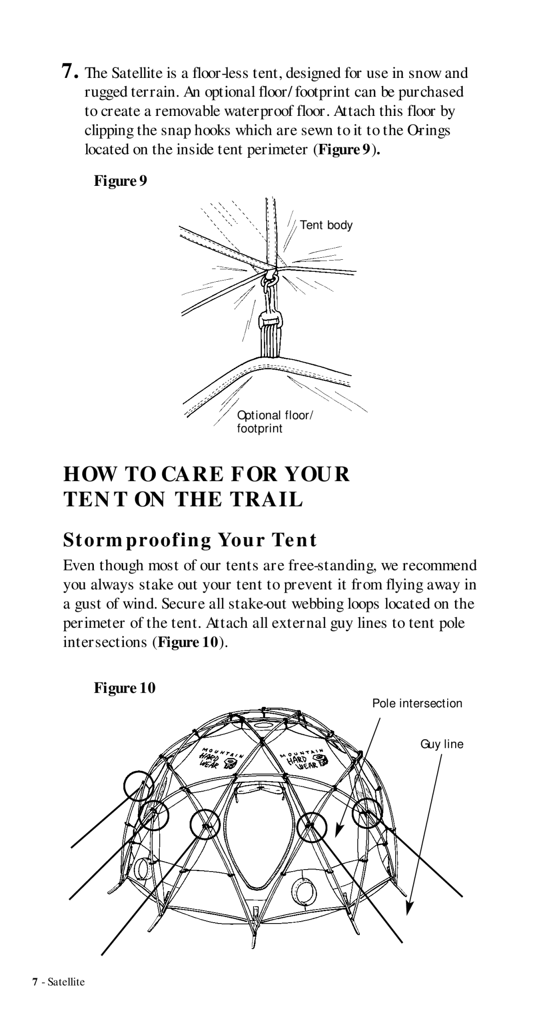 Mountain Hardwear Satellite manual HOW to Care for Your Tent on the Trail, Stormproofing Your Tent 