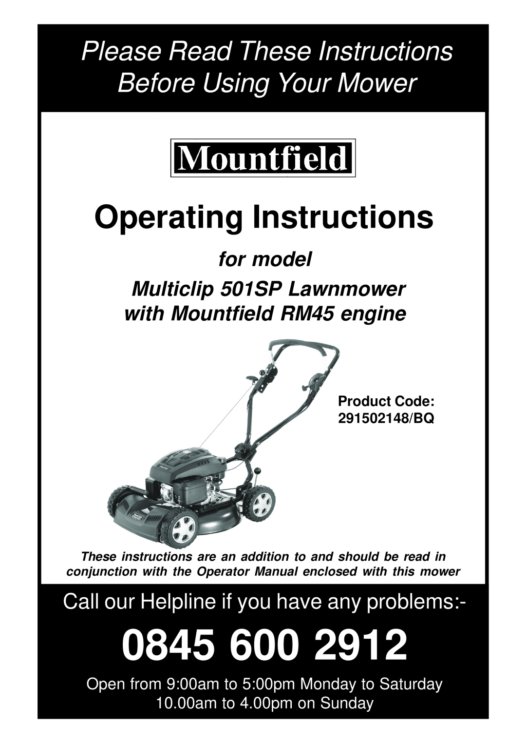Mountfield 291502148/BQ operating instructions 0845, Operating Instructions, Please Read These Instructions, for model 
