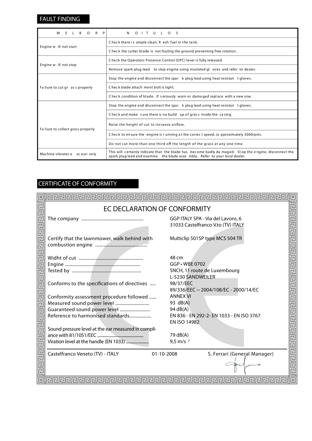Mountfield 291502148/BQ Ec Declaration Of Conformity, Fault Finding, Certificate Of Conformity, Castelfranco V.to TV ITALY 