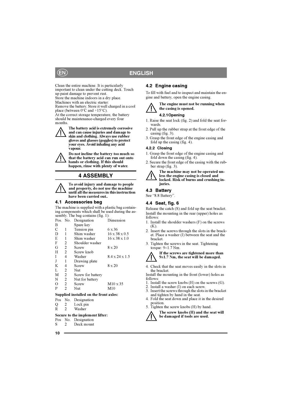 Mountfield 4155 H 4WD, 4135H, 4155H manual Assembly, Accessories bag, Engine casing, Battery, Seat, fig 