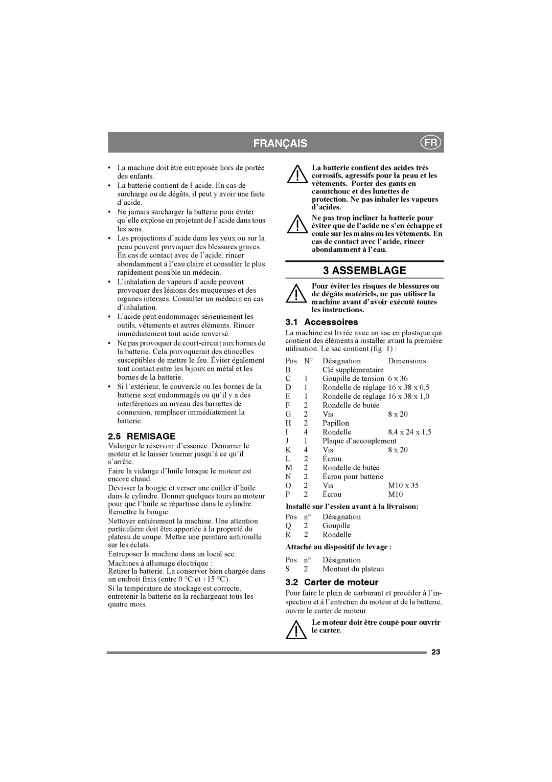 Mountfield 4155H, 4135H, 4155 H 4WD manual Assemblage, Remisage, Accessoires, Carter de moteur 