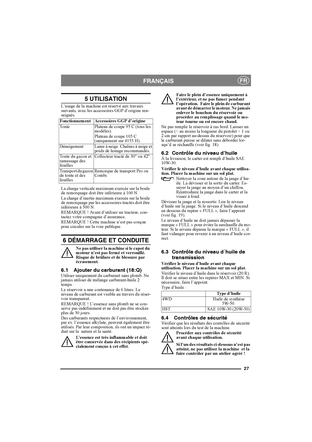 Mountfield 4135H, 4155 H 4WD, 4155H manual Français, Utilisation, Démarrage ET Conduite 