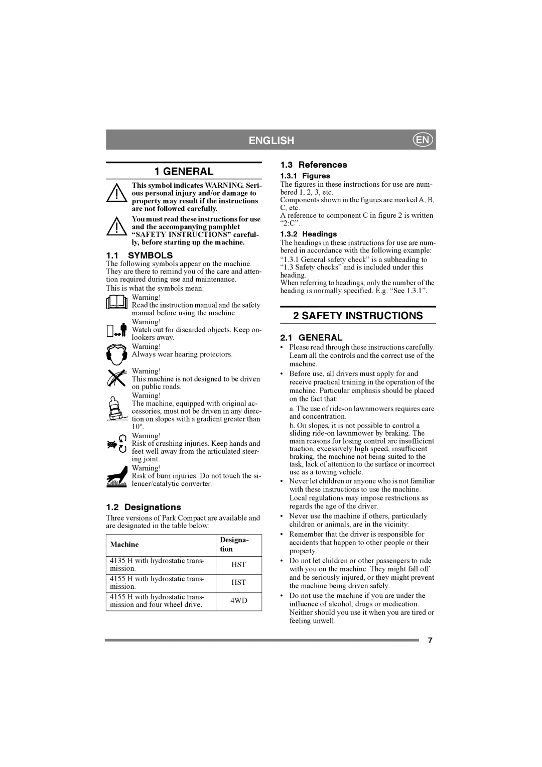 Mountfield 4155 H 4WD, 4135H, 4155H manual Englishen, General, Safety Instructions, Symbols 