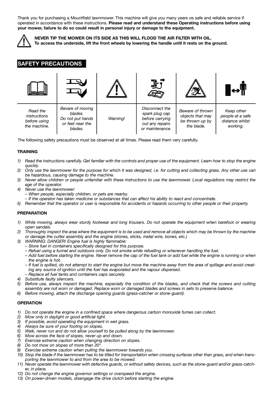 Mountfield HP470 operating instructions Safety Precautions, Training, Preparation, Operation 