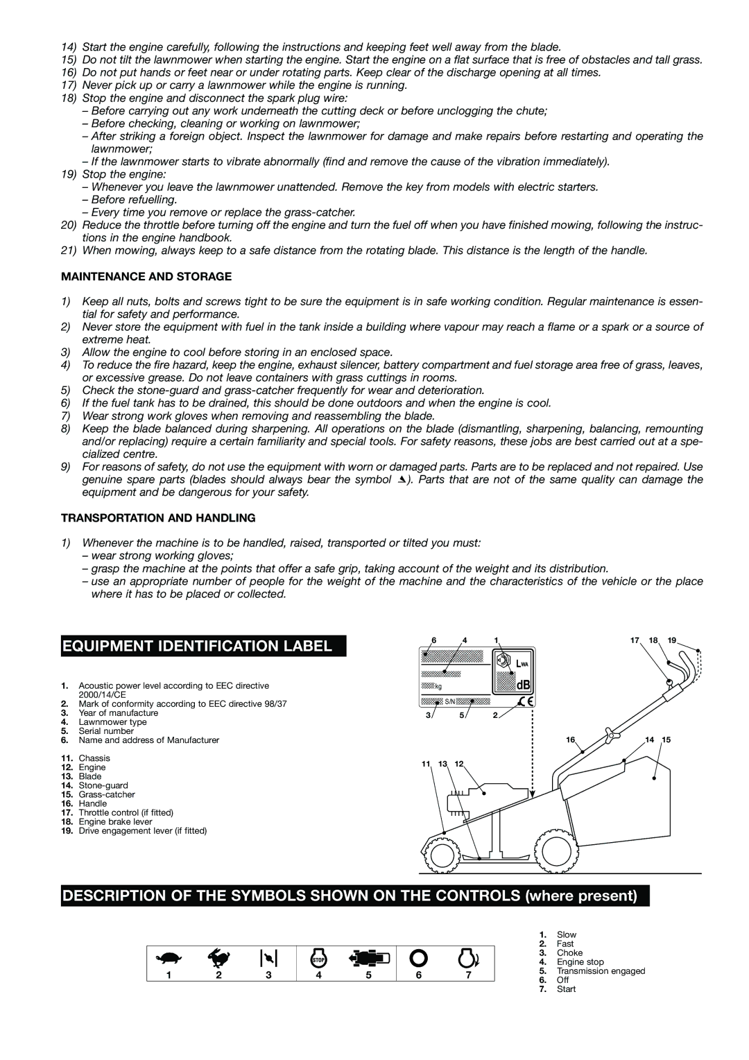 Mountfield HP470 Equipment Identification Label, Maintenance and Storage, Transportation and Handling 