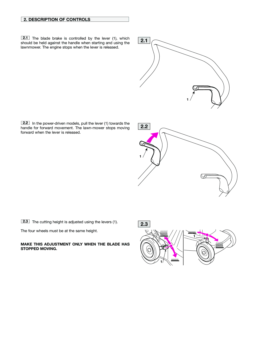 Mountfield HP470 Description of Controls, Make this Adjustment only When the Blade has Stopped Moving 