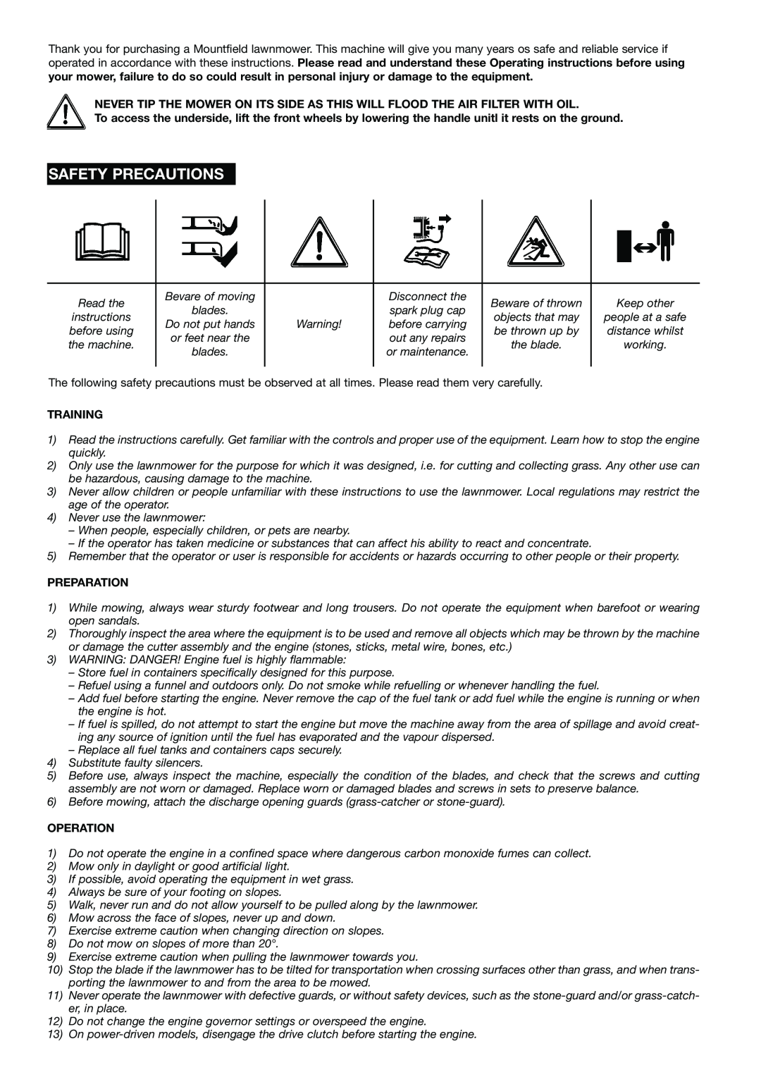 Mountfield HP470 operating instructions Safety Precautions, Training, Preparation, Operation 