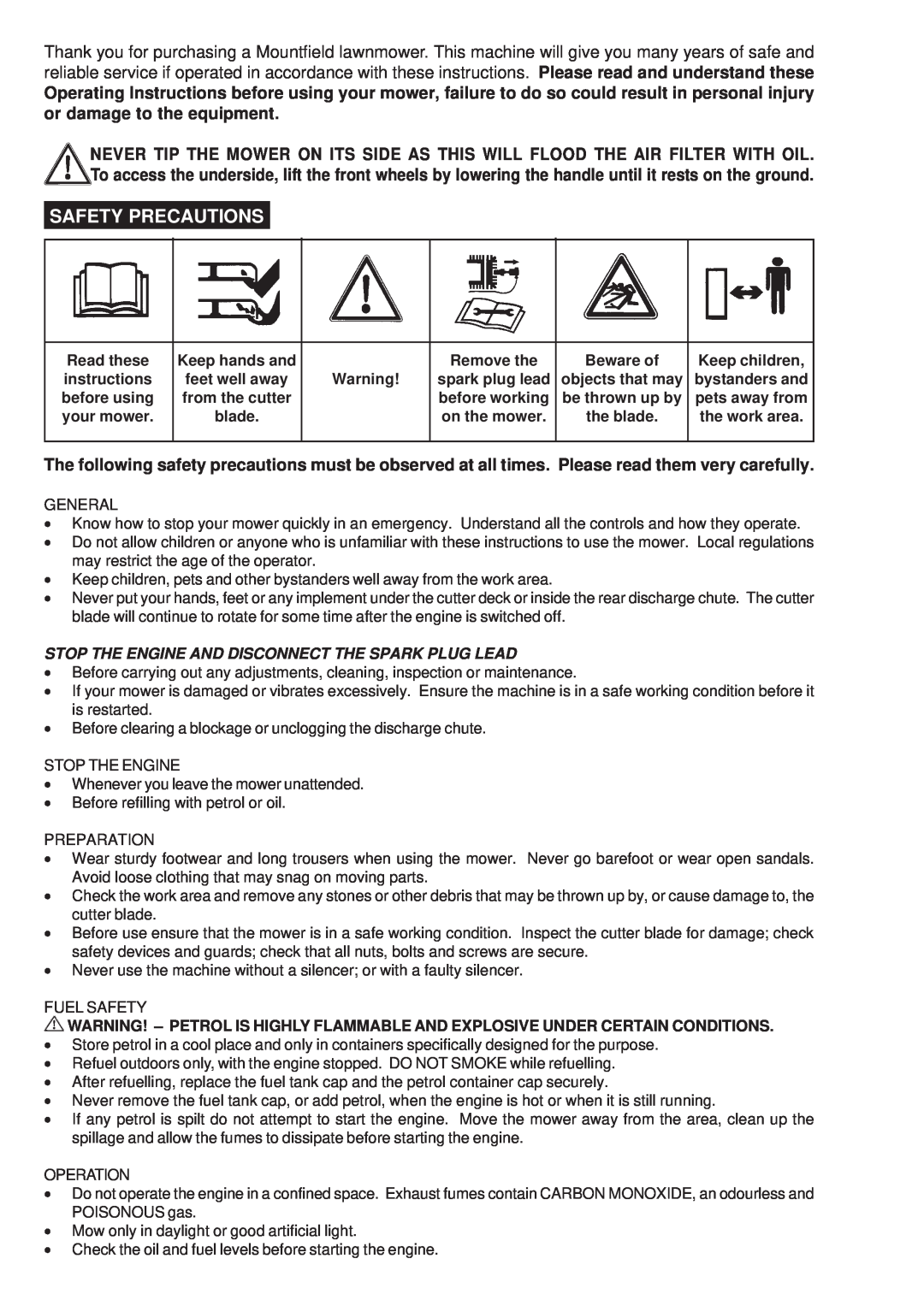 Mountfield SP474 manual Safety Precautions 