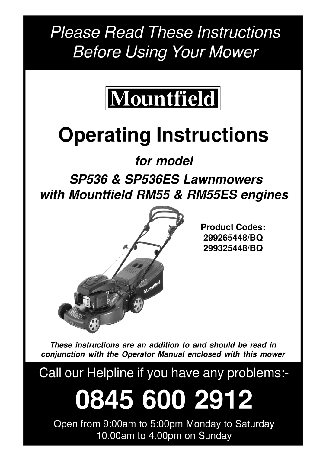 Mountfield SP536ES manual 0845, Operating Instructions, Please Read These Instructions Before Using Your Mower, for model 