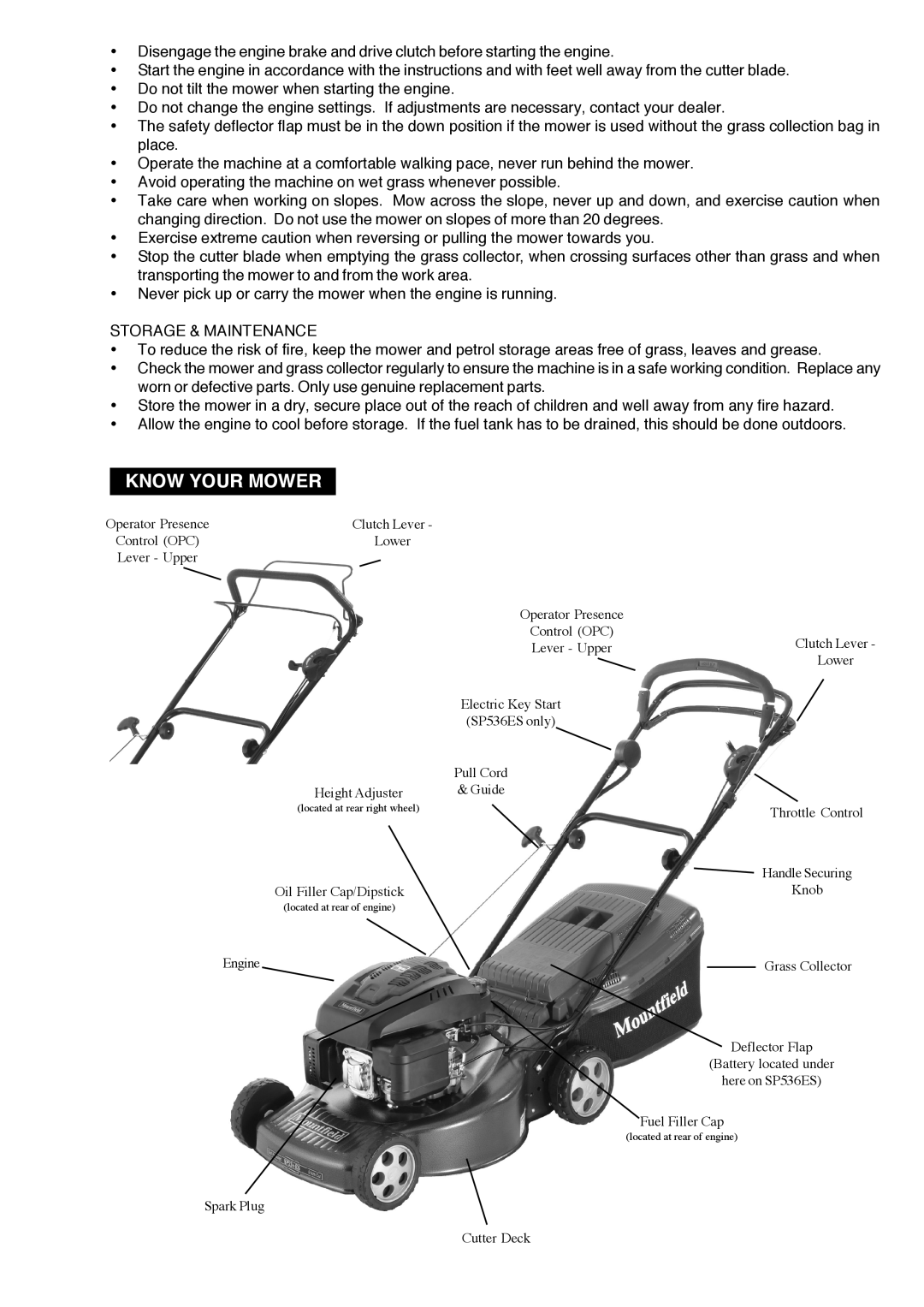 Mountfield SP536ES manual Know Your Mower 