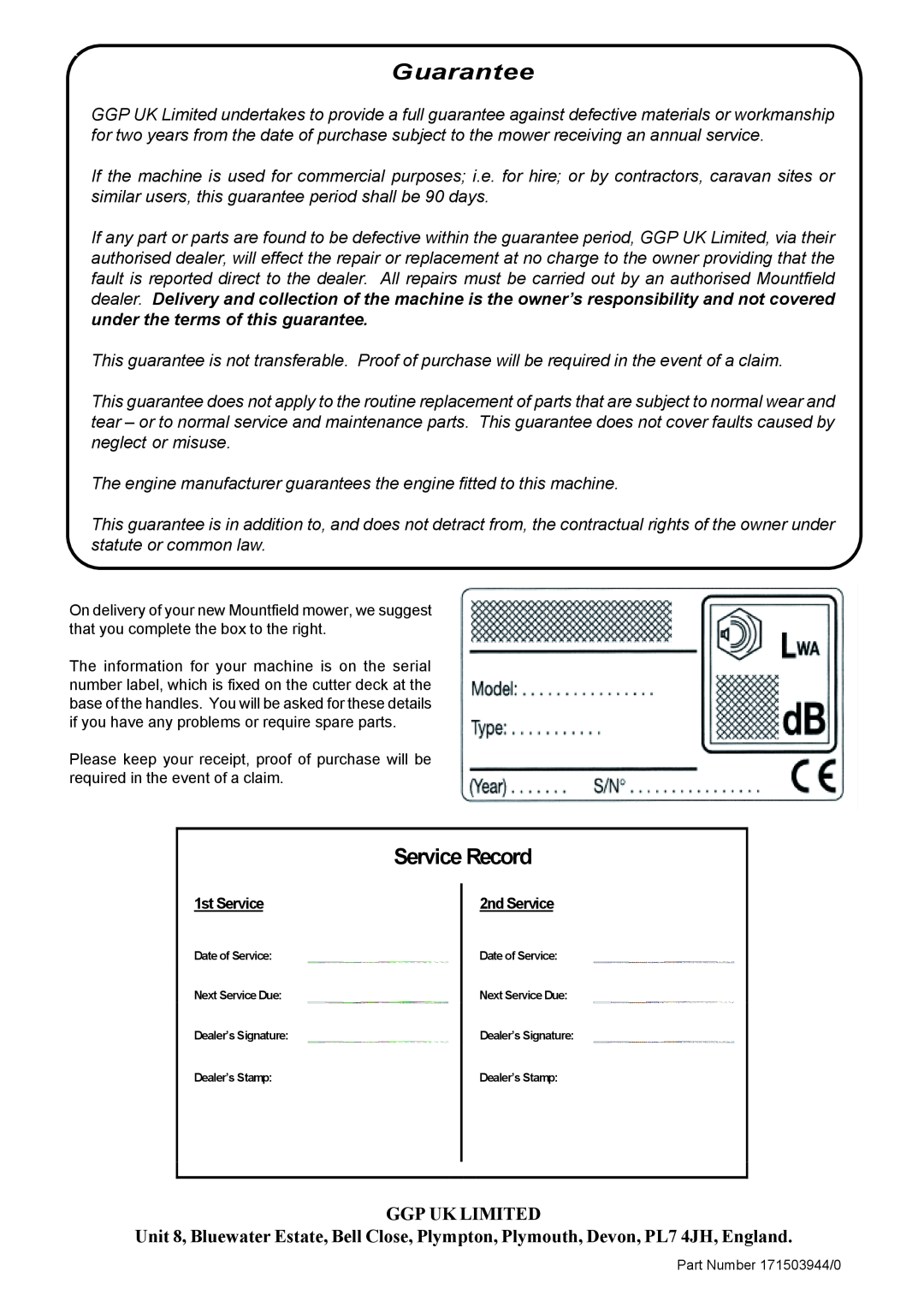 Mountfield SP536ES manual Guarantee, Service Record, Ggp Uk Limited 