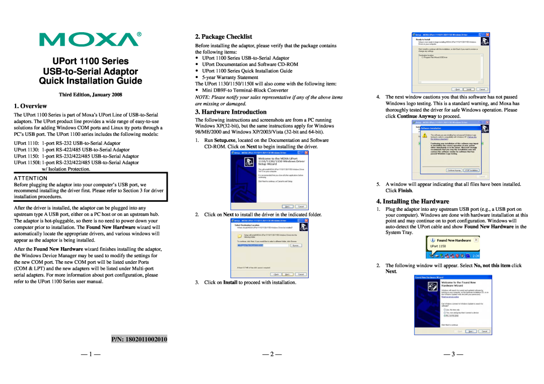 Moxa Technologies 1100 user manual Overview, Package Checklist, Hardware Introduction, Installing the Hardware 