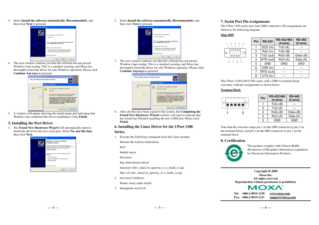 Moxa Technologies Installing the Port Driver, Installing the Linux Driver for the UPort 1100 Series, Certification 