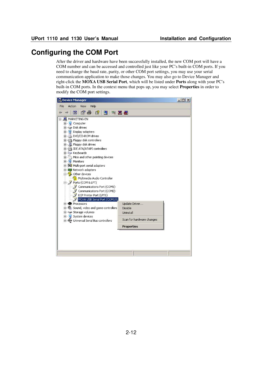 Moxa Technologies 1110 user manual Configuring the COM Port 