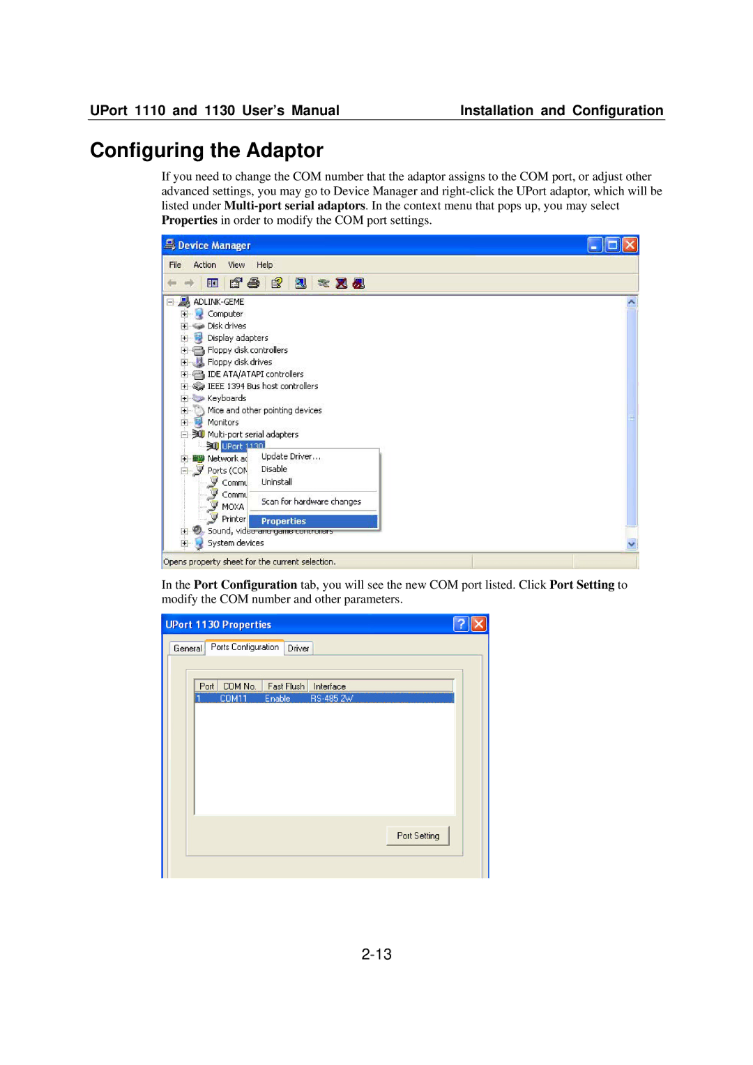 Moxa Technologies 1110 user manual Configuring the Adaptor 