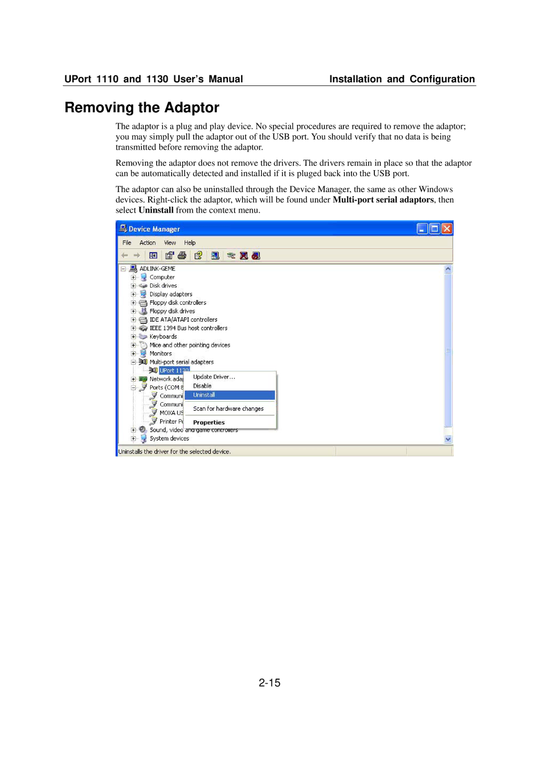 Moxa Technologies 1110 user manual Removing the Adaptor 