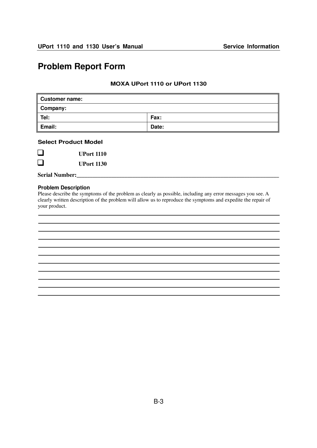 Moxa Technologies user manual Problem Report Form, UPort 1110 UPort 