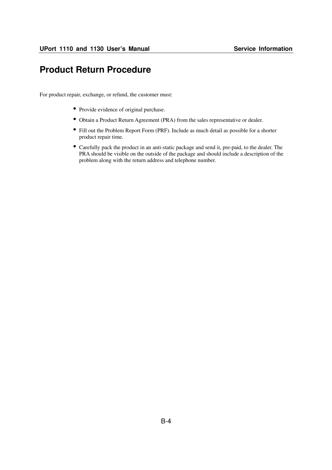 Moxa Technologies 1110 user manual Product Return Procedure 