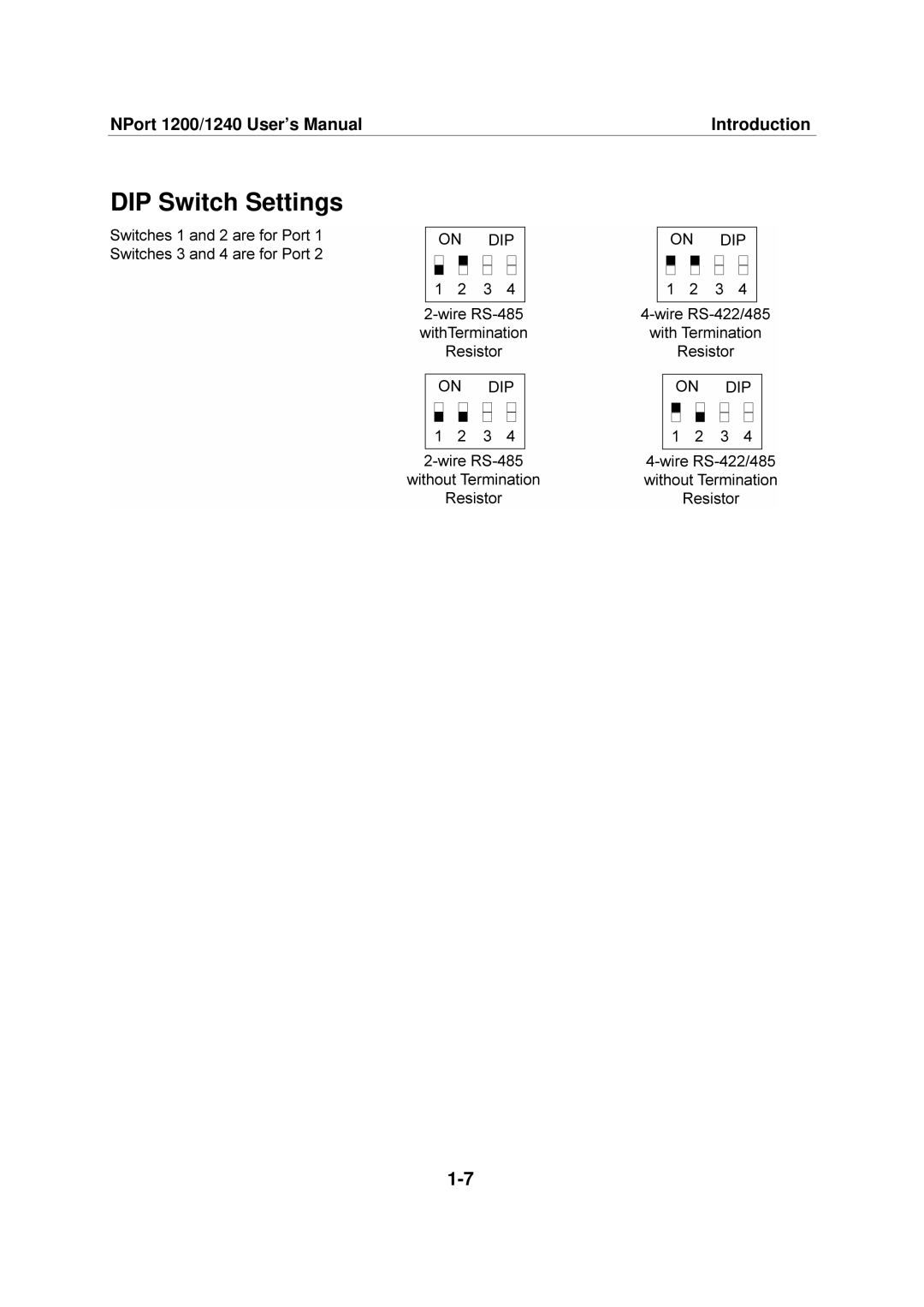 Moxa Technologies 1220, 1240 user manual DIP Switch Settings 