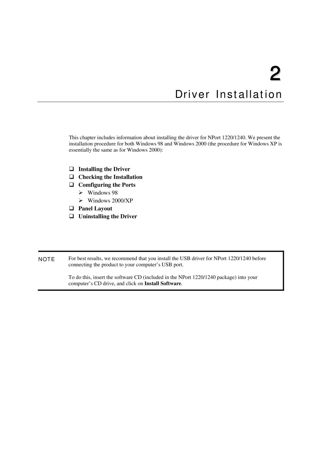 Moxa Technologies 1240, 1220 user manual Driver Installation, ‰ Panel Layout ‰ Uninstalling the Driver 