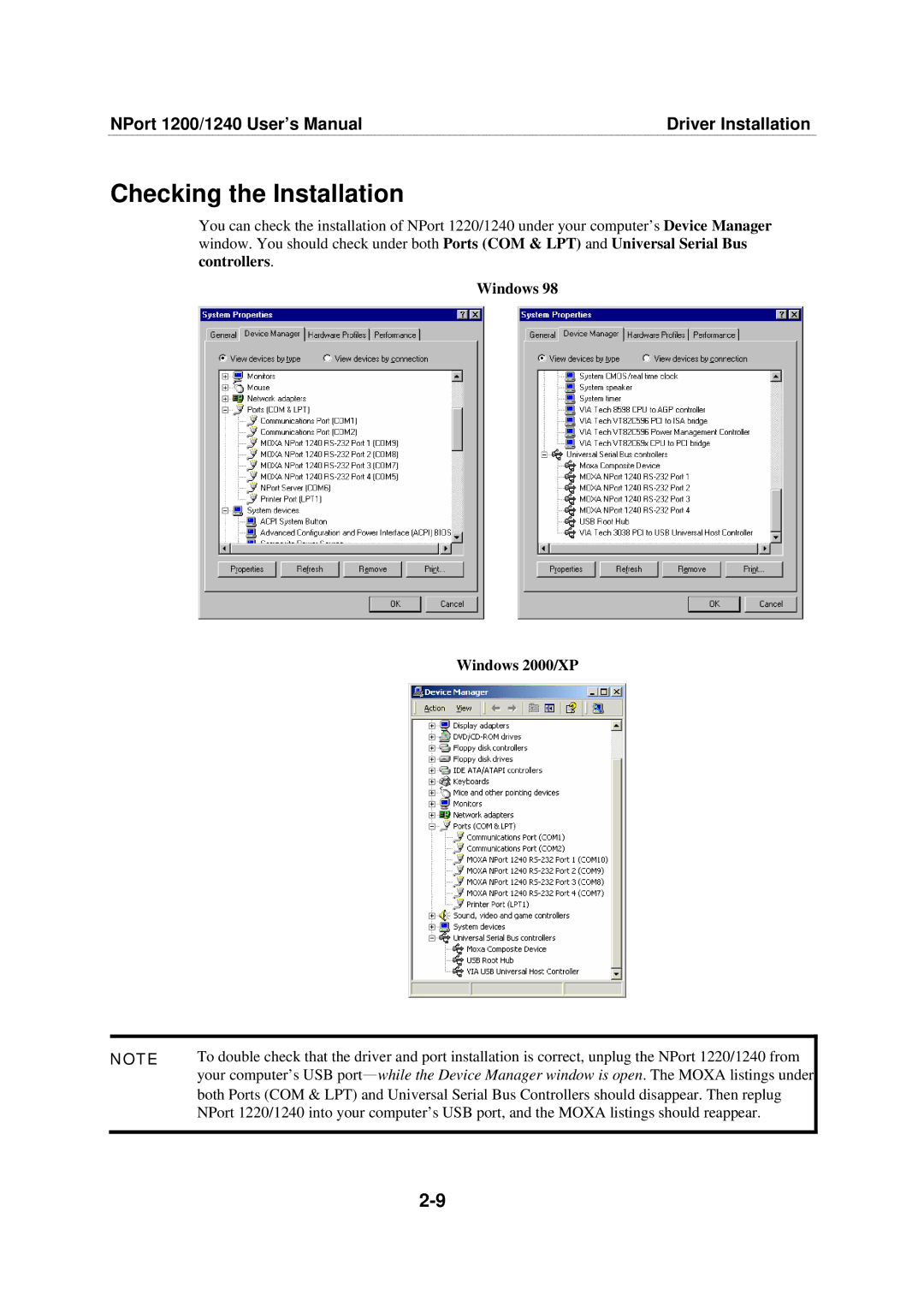 Moxa Technologies 1240, 1220 user manual Checking the Installation, Windows Windows 2000/XP 