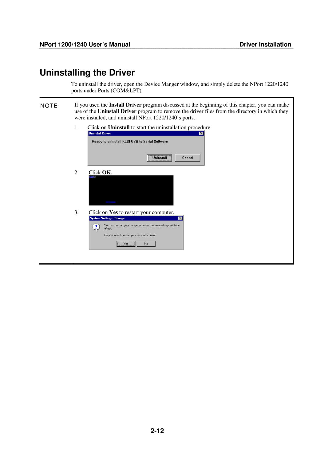 Moxa Technologies 1220, 1240 user manual Uninstalling the Driver 