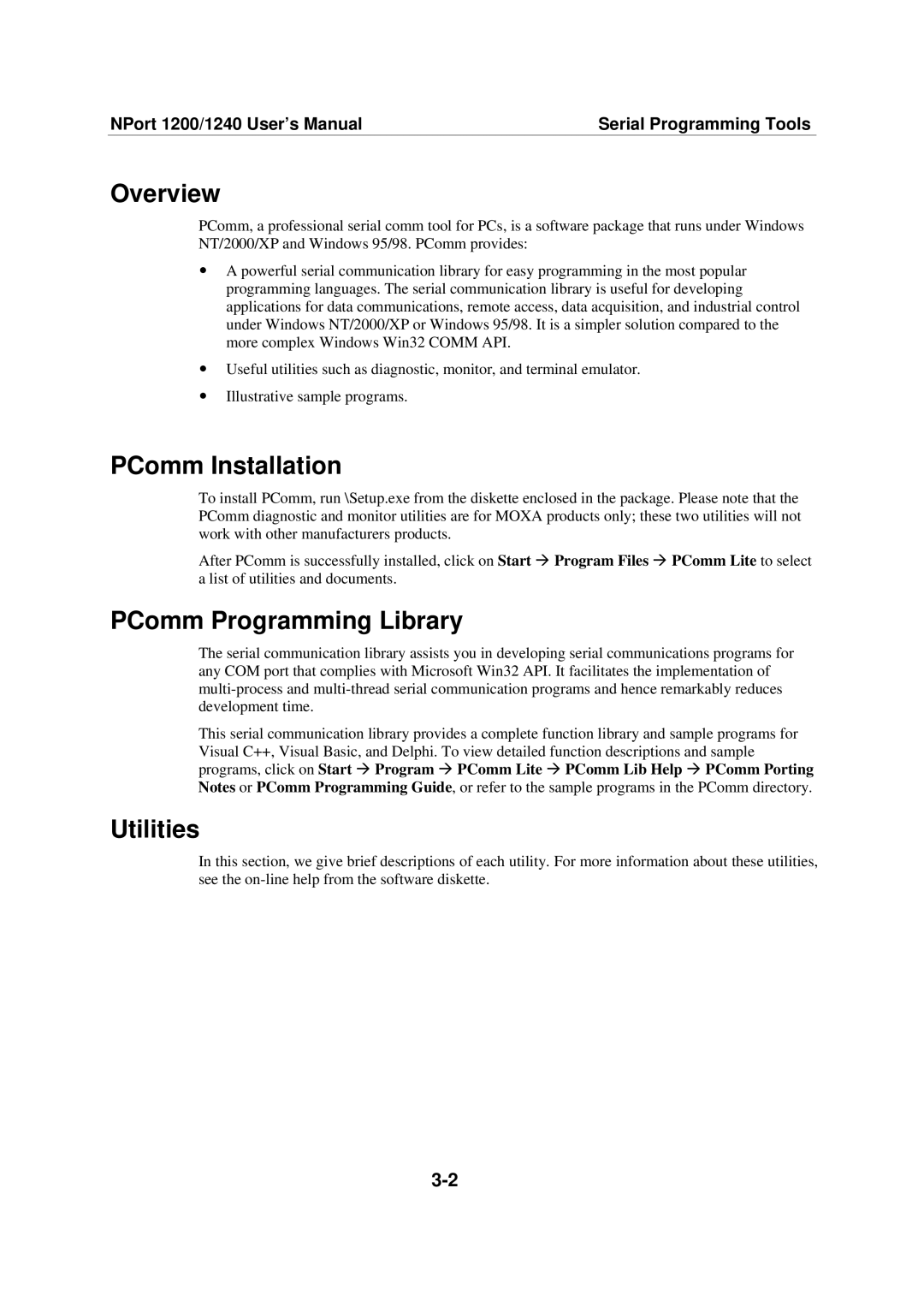 Moxa Technologies 1220, 1240 user manual PComm Installation, PComm Programming Library, Utilities 