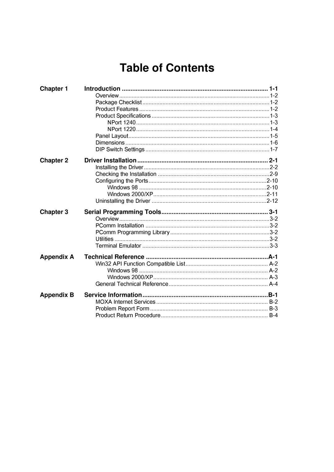 Moxa Technologies 1240, 1220 user manual Table of Contents 