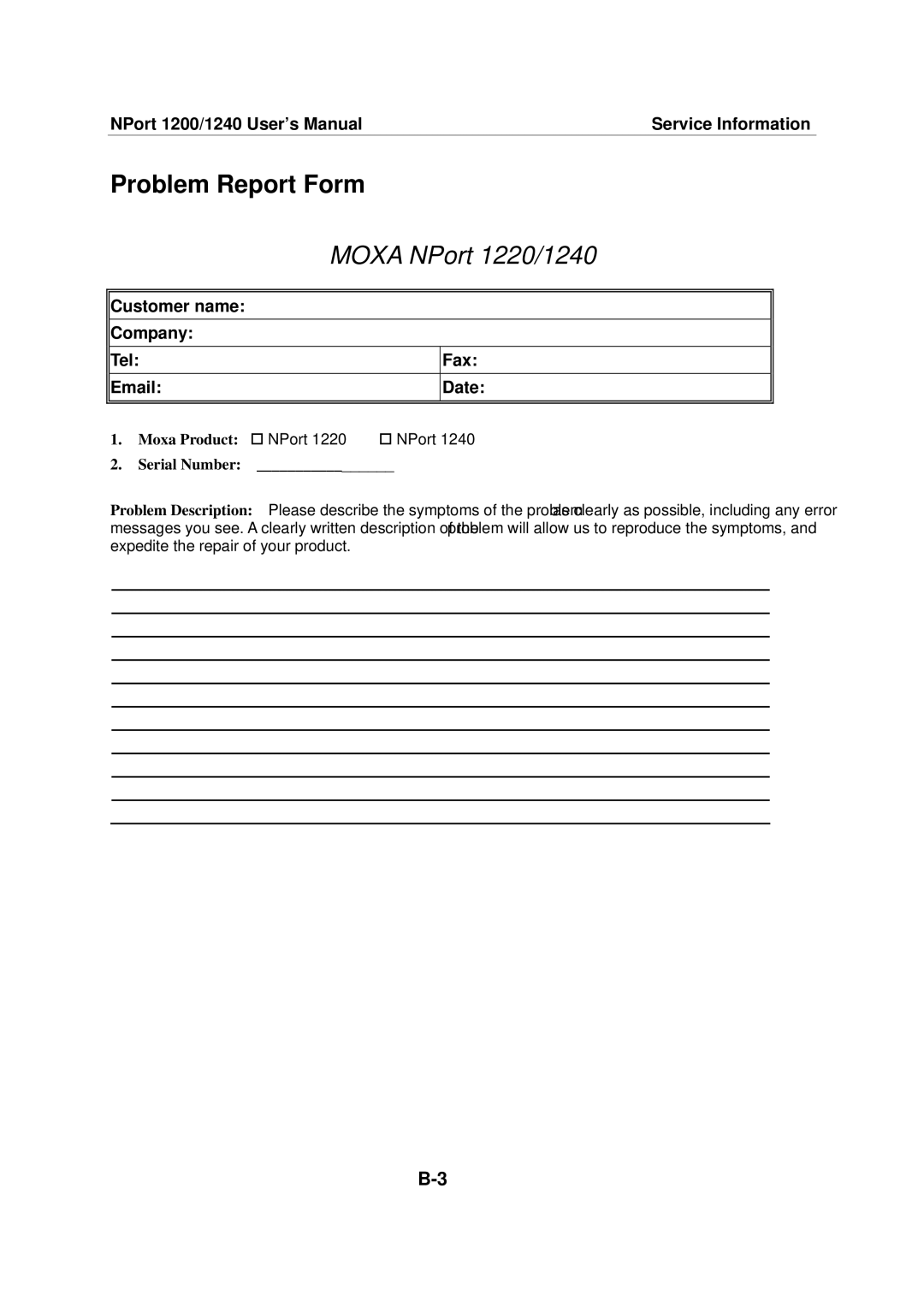 Moxa Technologies user manual Problem Report Form, Moxa NPort 1220/1240 