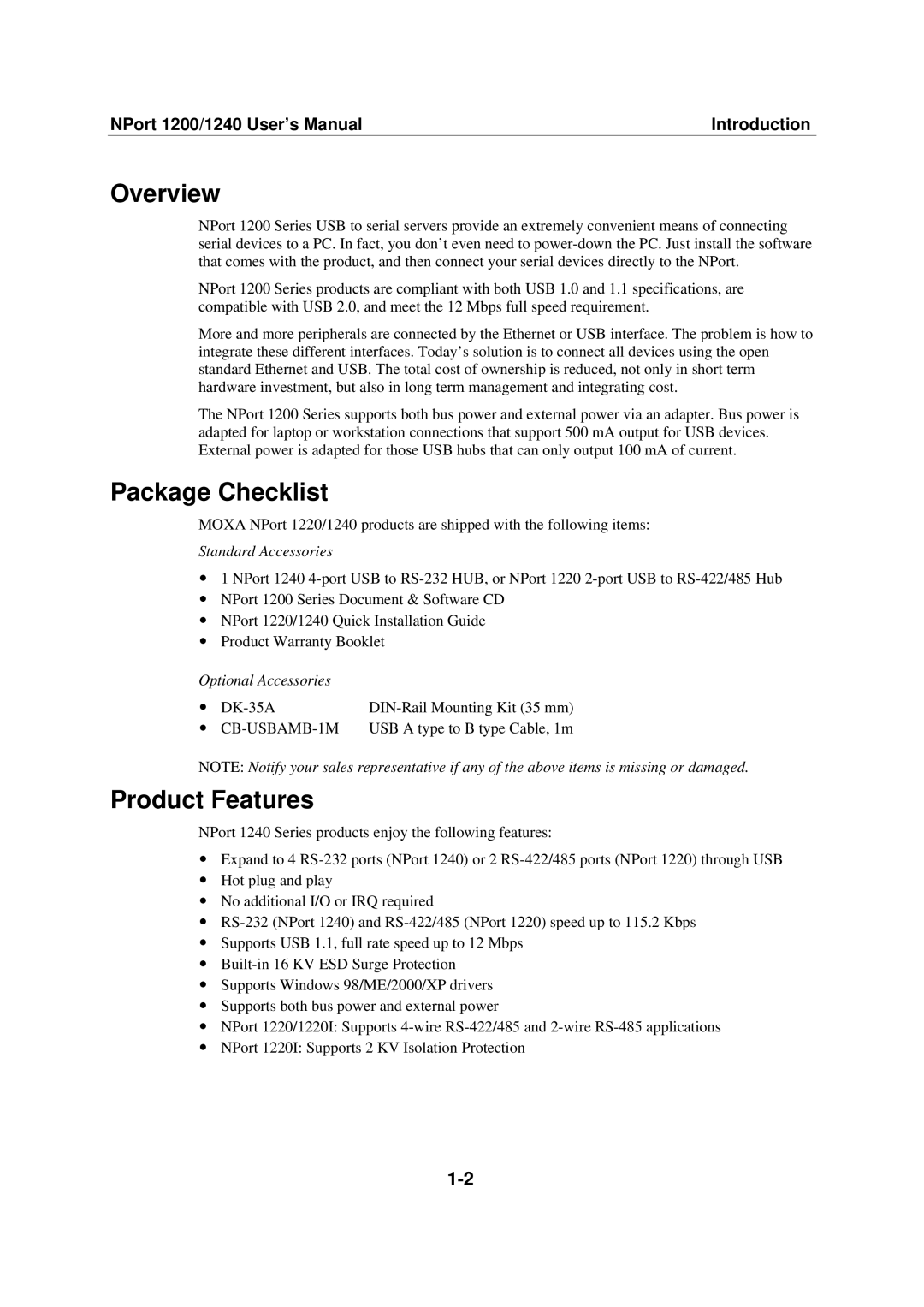 Moxa Technologies 1240, 1220 user manual Overview, Package Checklist, Product Features 