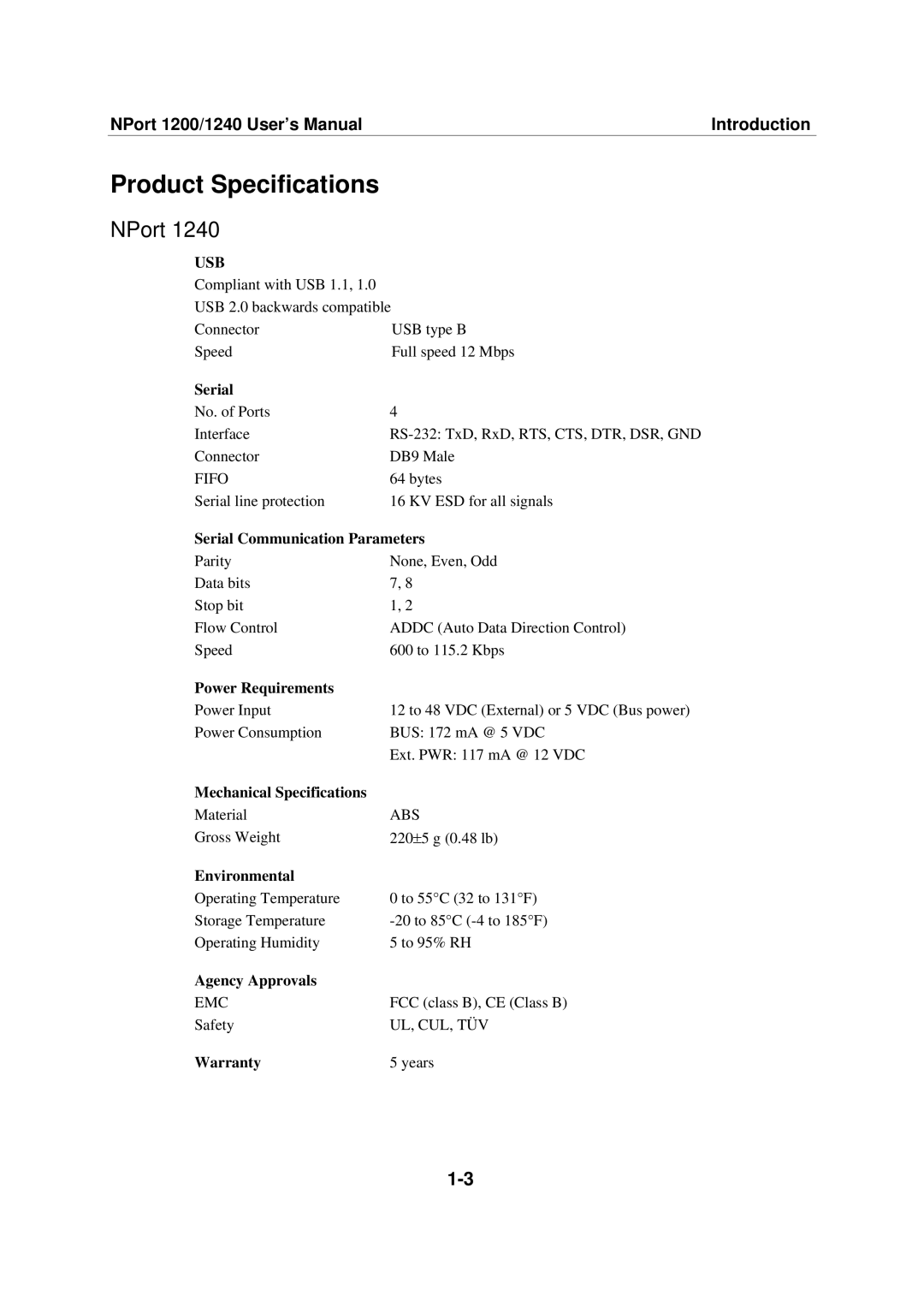 Moxa Technologies 1220, 1240 user manual Product Specifications, NPort 