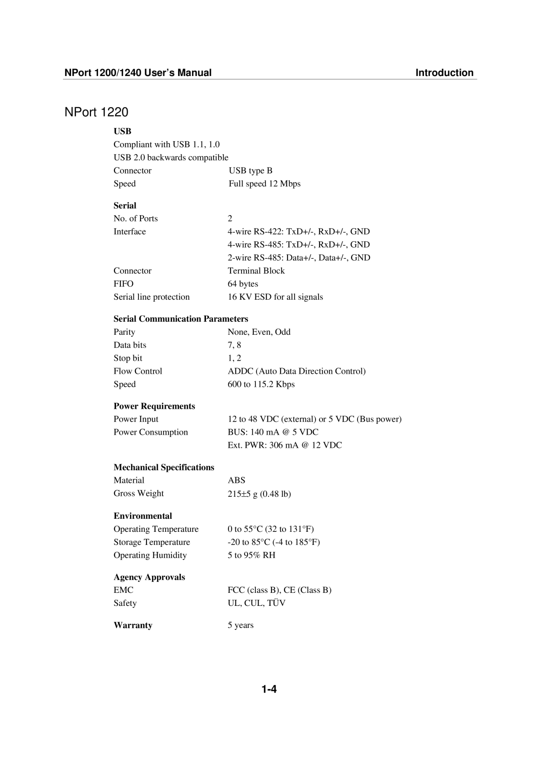 Moxa Technologies 1220 user manual NPort 1200/1240 User’s ManualIntroduction 