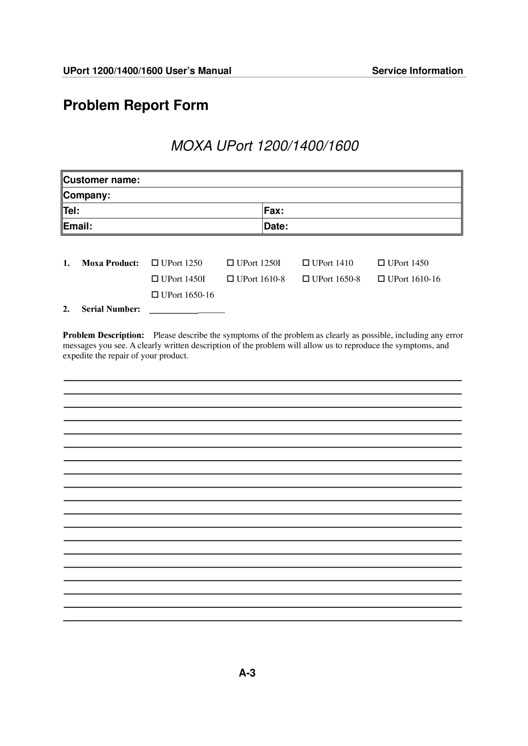 Moxa Technologies user manual Problem Report Form, Moxa UPort 1200/1400/1600 