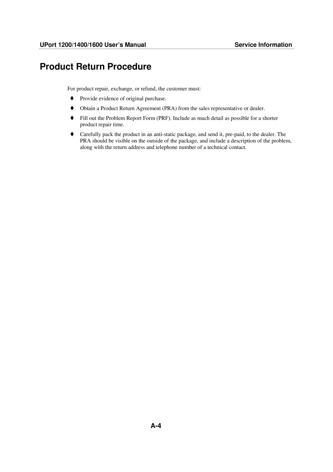 Moxa Technologies 1600, 1400, 1200 user manual Product Return Procedure 